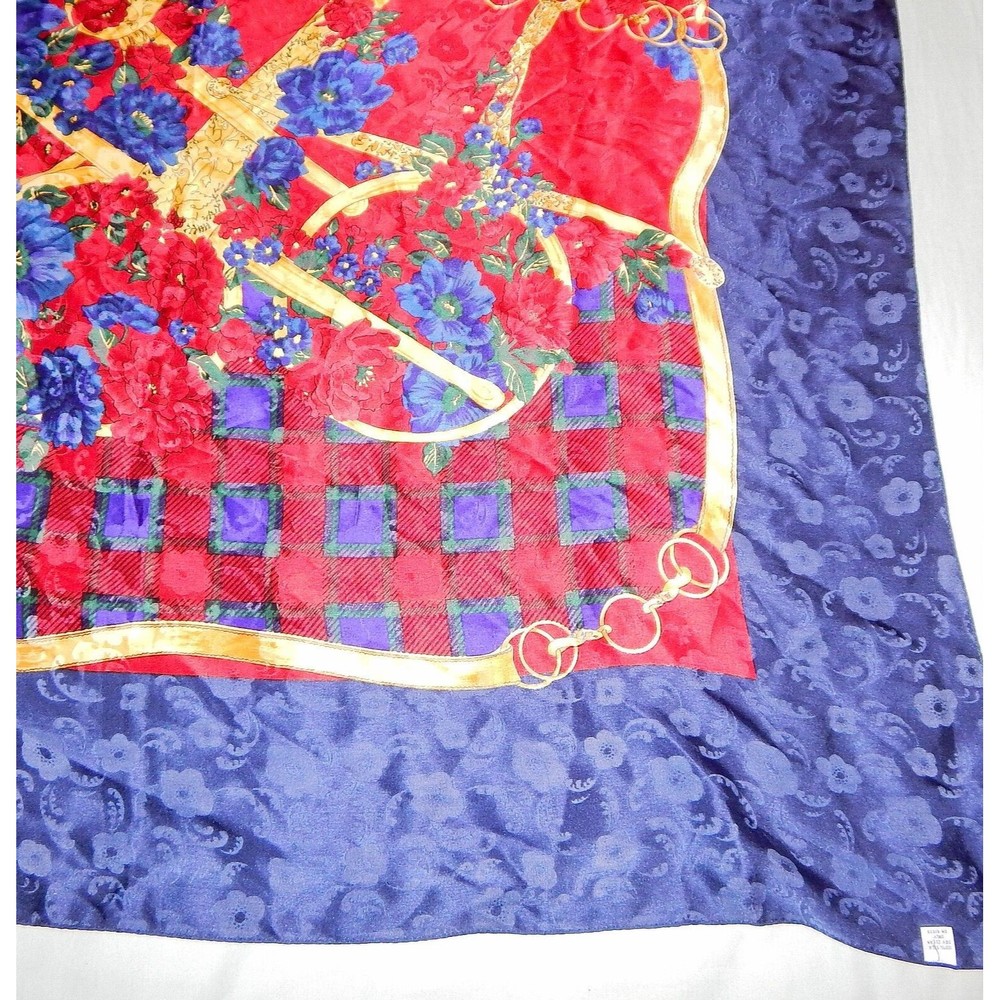 Ricki Freeman For Teri Jon Floral Silk Scarf Navy Red Gold Plaid Korea - Picture 13 of 16